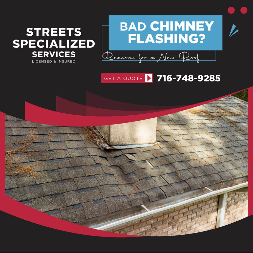 Missing or damaged chimney flashing can cause roof leaks. Streets Specialized Services offers roof inspection, repair, and replacement.
