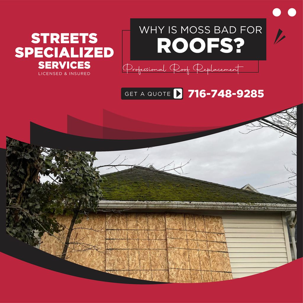 Moss growth on your garage roof can lead to multiple issues that significantly shorten the roof's lifespan. Get garage roof replacement with Streets Specialized Services.