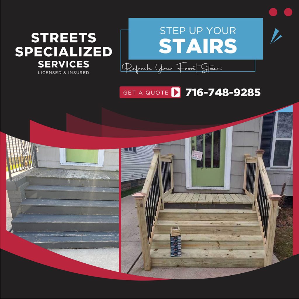 Give your home a quick refresh this spring with brand new wood steps with Streets Specialized Services.